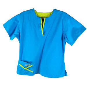 Urbane Scrubs Women's Scrub Top Size Medium Blue Green Trim Cotton Blend